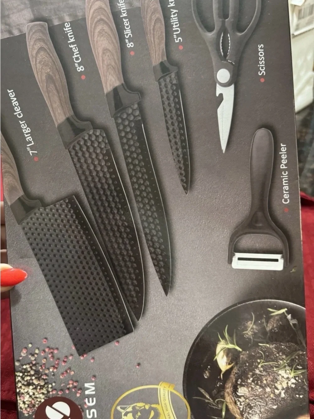 6-Piece Black Blade Knife Set with scissors Wood-Effect Handles and Peeler
